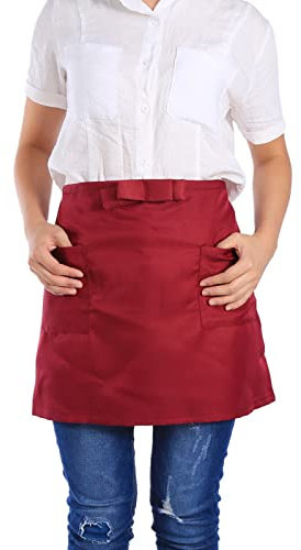 BSTCAR Kellner-Taillenschürze mit Taschen, Halbschürze für Kellnerin, Kurzschürze, Unisex, mit Fliege, Weinrot, #-07