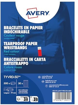 AVERY Zweckform TYVRD-50 Einlassbänder Tyvek 500 Stück (256x19mm, fortlaufend nummeriert, reiß- und wasserfest, sicherer Klebeverschluss, Eintrittsbänder, Event Armbänder, Securebänder) neonrot