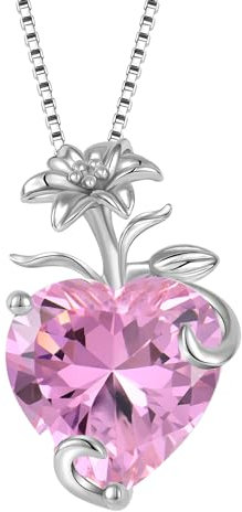 YL Collier Cœur Argent 925 taillé Octobre Pierres de Naissance Tourmaline Rose Fleur de lys Pendentif pour Femme