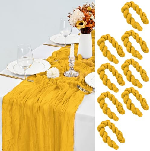 LYAFS 8 Stück Käsetuch Tischläufer Senfgelb, 90 x 400 cm Seihtuch Tischläufer Waschbares Gaze-Stoff Boho Tischläufer Cheesecloth Tischdekor für Hochzeit Brautparty Empfang Festival im Freien Dekor