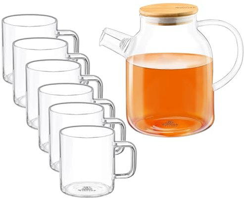 Wilmax - Tetera de 1,6 L + 6 vasos térmicos de 400 ml en el juego | colador de té para té suelto | jarra de cristal con tapa de bambú | jarra para flores de té | jarra de cristal para bebidas