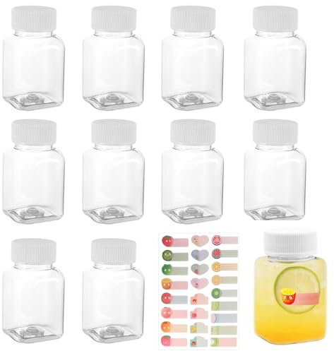 VireEyU 10 botellas de plástico transparente de 100ml, botellas de jugo reutilizables con tapas y etiquetas, ideales para yogur, café, batidos y agua