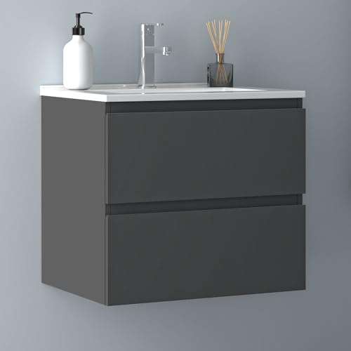 Biubiubath Badezimmermöbel 60cm Dünn Keramik Waschtisch mit Unterschrank Badmöbel Set Badezimmerschränke mit 2 Soft-Close Schubladen Dunkelgrau Matt