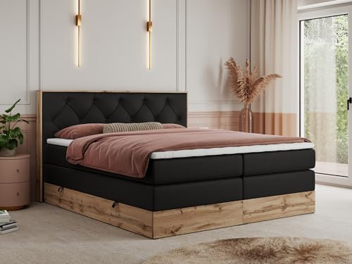 MKS MEBLE King Boxspringbett 180x200 mit Bettkasten Eiche, Polsterbett 180x200 mit Matratze H3, Bett 180x200 mit Kopfteil, Bett mit Holzrahmen in Wotan Eiche - Schwarz Kunstleder - Veneto King