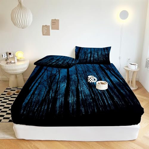 XCQHZYQ Drap Housse en Microfibre Forêt Sombre Arbre Bleu, Antidérapants Résistant aux Rides 30 cm Drap Housse Matelas Epais Protection de Matelas 160x200 cm avec 2 Taie d'oreiller 65x65 cm