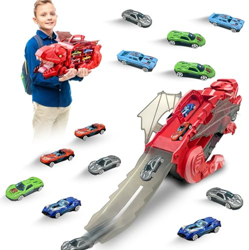 Felicify Transporteur de Voiture Enfant, Camion Dinosaure avec 12 Petite Voiture, Portable Transporteur de Dinosaures, Jouet pour Garçons (Rouge)