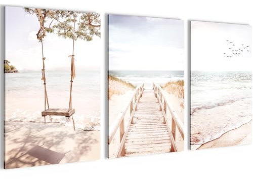 Novart Bilder Set Strand Meer Boho - Kein Extra Rahmen benötigt - Wandbilder für Wohnzimmer Schlafzimmer Flur - 3 Teilig Deko Beige - N038136b