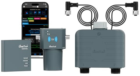 LinkTap T1, computer di irrigazione intelligente e gateway, controllo di irrigazione a 2 zone, misuratore di flusso integrato, regolazione del tempo, portata più ampia rispetto al WiFi, rilevamento di