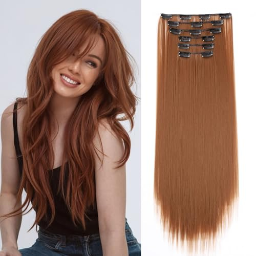 Cybelleza Clip in Extensions Haarverlängerung Glatt Lang 65cm 6 Teile | Hair Extensions Clip in Haarteil für Frauen Kunsthaare Synthetische Haarextension Voluminös Haarverdichtung, Leichtes Auburn