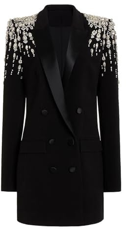 NCDIMS Women's Rhinestone Long Blazer Dress Jacket Luxury Handmade Diamond Satin Collar Double Breasted Women Suit Outfits for Wedding Party Prom Black