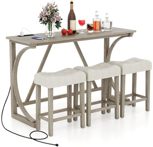 COSTWAY Bartisch mit Barhocker Set, 2-3 Personen, mit 2 Steckdosen & 2 USB-Anschlüssen, Essgruppe Tresentisch Küchentisch Set Küchentheke für Wohnzimmer, Esszimmer und Küche, Landstil Grau + Beige