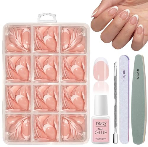 DMQ Almond French Press On Nails Short, 240Pcs French False Nails Kit, Oval White Tip Fake Nail, Full Cover Stick on Nails with Nail Glue for Women Girls Nail Art Manicure Decorations