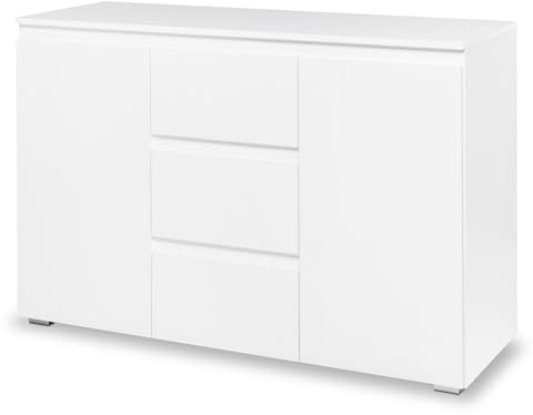 smart Kommode weiß, Sideboard aus Holzwerkstoff foliert mit 2 Türen & 3 Schubladen, Regal für Wohnzimmer, Schlafzimmer & Flur, 120x80x40 cm