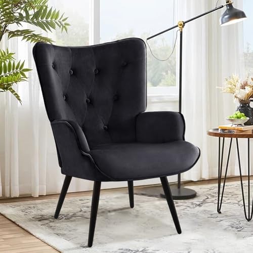 Ckaff Ohrensessel Sessel Wohnzimmer, Skandinavischer Stil Relaxsessel Samt mit Hoher Rückenlehne Loungesessel Polstersessel fürs Wohnzimmer Schlafzimmer Arbeitszimmer Gästezimmer, Schwarz