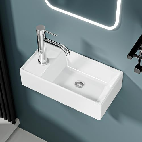 DILECI Großes Waschbecken mit Rand Ausgang links, 41,5 x 22 x 10 cm – Waschbecken aus Keramik, weiß, glänzend, ideal für Toiletten und Badezimmer – schlichtes und elegantes Design