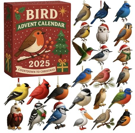 Adventskalender 2025-2D Acryl Baum Anhänger flach | 24 Tage Adventskalender mit Vogel Ornament | für Männer Frauen Mädchen Teenager Familie