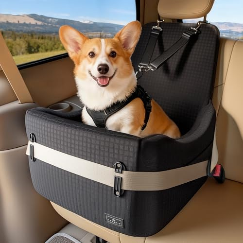 PETSFIT Seggiolino Auto per Cani di Taglia Piccola/Media fino a 15 kg – Sistema di Sicurezza Brevettato, Rialzo con Memory Foam da 13 cm, Sfoderabile e Lavabile, 2 Tasche Portaoggetti (Nero)