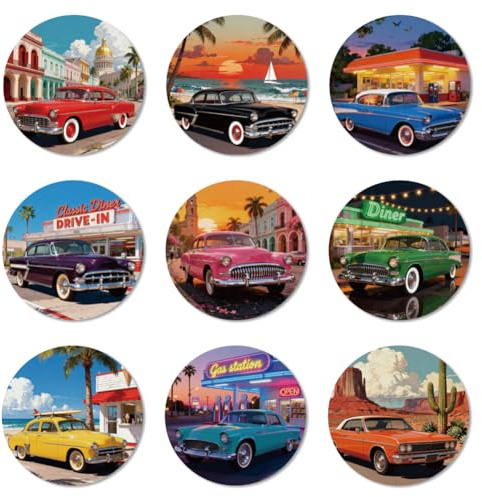 ANATTASOUL Vintage Car Wood Coasters Set of 9 for Coffee Table | Home Decor,3.9 Round,Vintage,Colorful Wooden Cup Mat,Funny Desk Coasters,for Apartment,Office,Bar,Kitchen,Gifts