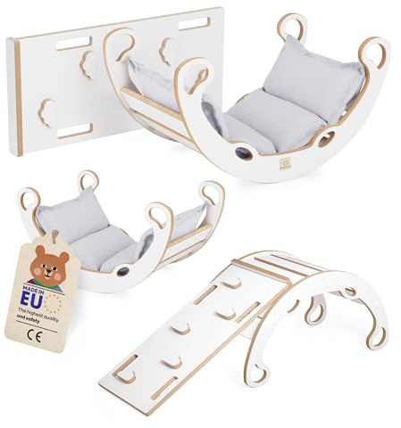 MISIOO Mini Rocker XS 4in1 Kinderwippe aus Holz - Indoor Spielplatz Kletterbogen mit Kissen, Kletterwand/Rutsche 75x36.5 cm, Wippe 74.8x39.6x39 cm, bis 40 kg