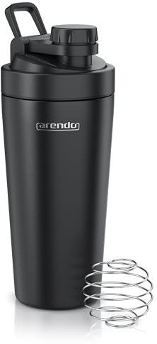 Arendo - Eiweiß Shaker Edelstahl 750ml, Protein Shaker mit Mixkugel, BPA frei, Mixbecher, Metall Premium Eiweißshaker, Tragegriff, Spülmaschinengeeignet, To Go für Yoga Fitness Sport, Schwarz