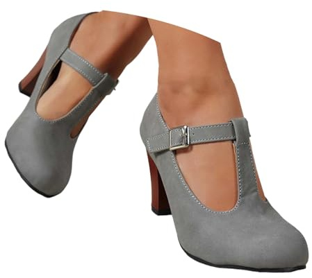 Women's Traditional Shoes with Block Heel Elegant Dirndl Shoes High Heels Slingback Pumps Heel Shoes Gothic Width H Mary Janes Shoes Wide Feet Sandals Traditional Heel Casual Shoes, O Grey, 5 UK