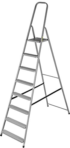 DRABEST - Stehleiter - mit 8 Stufen - bis 125 kg belastbar - 2,43 m lang - Arbeitshöhe 3,68 m - Trittleiter, Bockleiter aus Stahl pulverbeschichtet - für Haushalt, Malerarbeiten - Grau