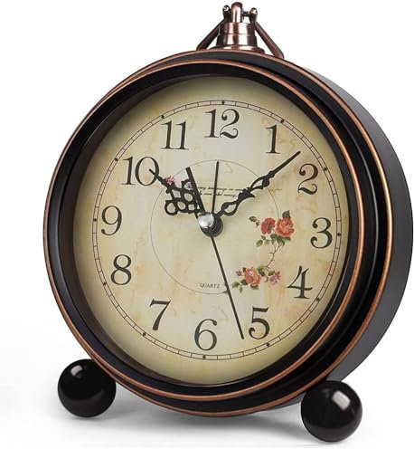 Konigswerk Loud Alarm Clock, Vintage Retro Decorative Quiet Non-Ticking Sweep Second Hand, Quartz Analog Desk Table Clock Battery Operated (Roses)