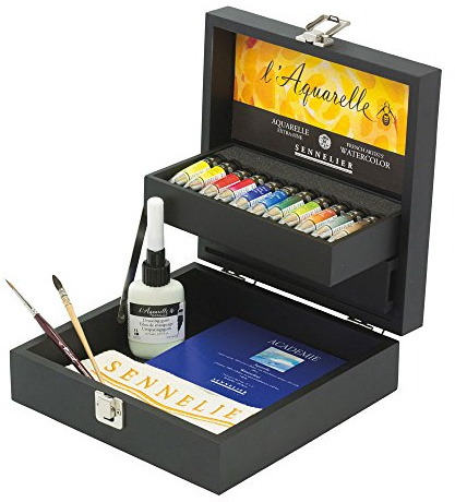 Sennelier French Artist Watercolor Set Featured in an Elegant Black Wooden Box, 11 Aquarelle Watercolor 10ml Tubes with 2 Brushes, 1 Small Watercolor Pad, Sennelier Cloth and Drawi