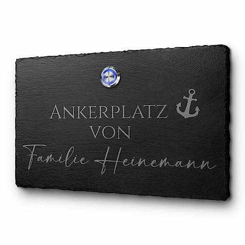 Individuell gravierte Türklingel aus Natuschiefer - Klingel Modell Heinemann 21x13,5 cm | Personalisierte Wunschgravur und Motive - optional mit beleuchtetem Klingelknopf