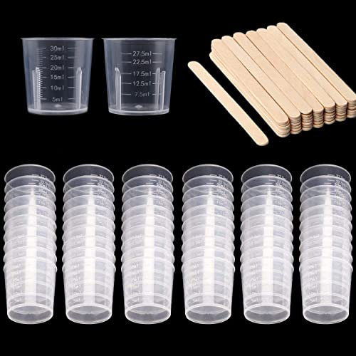 60 Pack 30ml Plastic Mixing Cup Measuring Cups Graduated Cups with 50 Pack Wooden Stirring Sticks Plastic Mixing Kit for Mixing Resin Paint Stain Epoxy