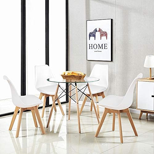 H.J WeDoo Esszimmergruppe Moderner Glastisch Rund Esstisch mit 4 Weiß Tulip Gepolsterter Stuhl Geeignet für Esszimmer Küche Wohnzimmer