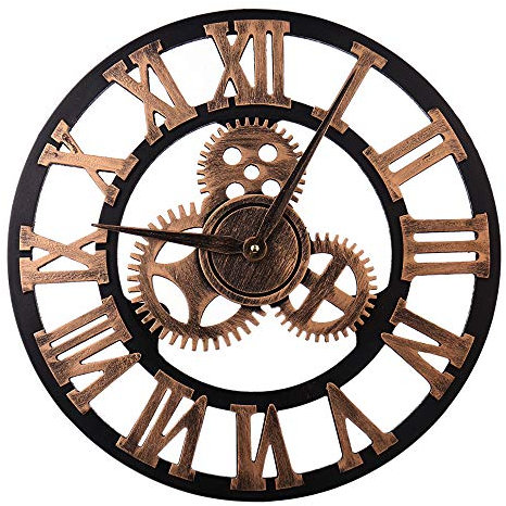 Wanduhr, Retro-Zahnrad-Wanduhren mit 3D-römischen Ziffern für Wohnzimmer, Restaurant, Bar, Café, Dekoration, batteriebetriebene Uhr (30,5 cm, Kupfer)