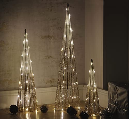 Marco Paul Christmas Set of 3 Gold Light Up Cone Trees Festive LED Christmas Decorations Pre-Lit Xmas Tree Set Indoor Ornamental Pyramid Metal Ornaments Home Decor Wire Warm White LED Lighting