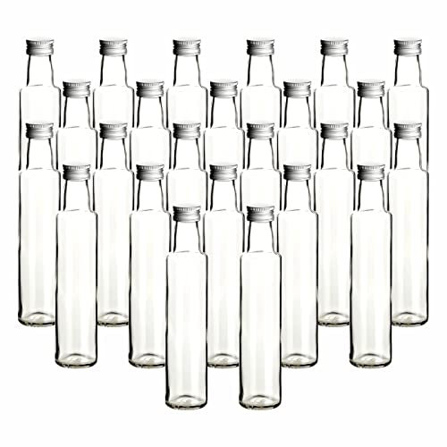 gouveo Dorica - Set di 24 bottiglie di vetro da 250 ml, con tappo a vite, colore argento, piccole bottiglie da 0,25 l, vuote per liquori, grappa, olio, aceto