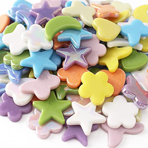 Wq Warmqing 220g Multi Color Mosaic Tiles for Crafts Bulk, Easter Decorations Star Moon Heart Butterfly Flower Glass Mosaic Tiles, Mosaic Glass Pieces for Art, Bunny Eggs Kit for Easter
