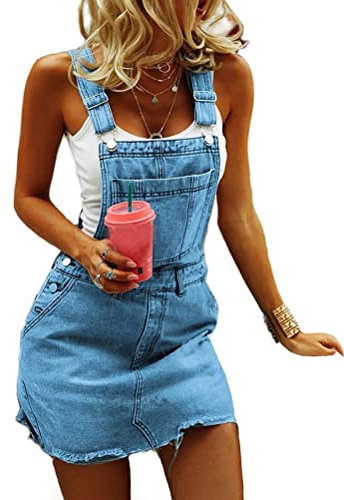 shownicer Vestito Salopette de Denim Donna Senza Maniche Abito di Jeans Estiva Casual Gonna Corta Moda Buco Strappato Vestito Scamiciato di Jeans Pantaloncini A Blu M