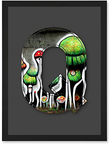 Wee Blue Coo Letter Q Abstract Trippy Grey Green Decorative Graffiti Mural Alphabet Initial Stencil Artwork Framed Wall Art Print A4