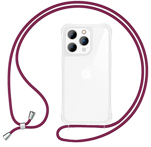 NALIA Handyhülle mit Kette kompatibel mit iPhone 14 Pro Hülle, Transparente Schutzhülle & Handy-Schnur zum Umhängen, Robust Vergilbungsfrei Klar, Hardcase & Silikon Rahmen, Kordel, Farbe:Weinrot