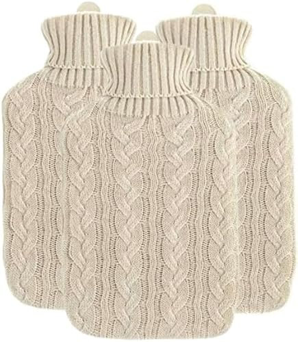 Pack of 3 2L Hot Water Bottle with Cover UK - Natural Rubber 2 Litre Hot Water Bottle - Perfect Hot Water Bag for Pain Relief, Hand Feet Warmer and Cold Compress (Cream Bottles x3 Cream Covers)