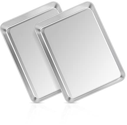 Joyfair Small Baking Tray, Stainless Steel Oven Tray Set of 2, Cookie Sheet Pan for Baking Cooking Roasting, Non Toxic & Rust Free, Mirror Finished & Dishwasher Safe, 23x18x2.5cm