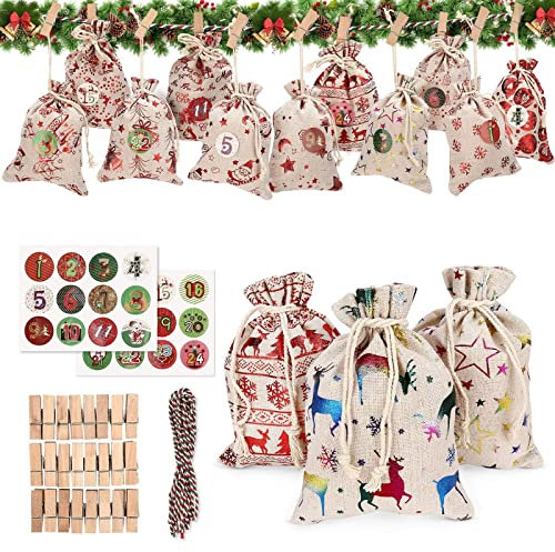 Jutesäckchen Adventskalender, Adventskalender zum Selber Befüllen, Adventskalender zum Befüllen Groß, Säckchen für Adventskalender, Jutesack, Jute Säckchen 12 Muster 24 Stück