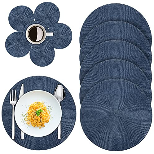 SOUTHGATE Tischsets Abwaschbar 12er Set Platzsets Rund Doppelseitigen Tischläufer Hitzebeständig rutschfest Platzdeckchenn aus PP 6er 38cm Tischuntersetzer Platzset und 6er 10cm Glas Untersetzer(BLAU)