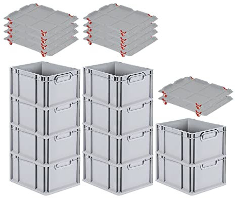 PROREGAL SparSet 10x Eurobox NextGen Grip mit Auflagedeckel & 4 roten Schiebeschnappverschlüssen, HxBxT 22x30x40cm, 20 L, Grau, Griffe geschlossen, Eurobehälter, Transportbox
