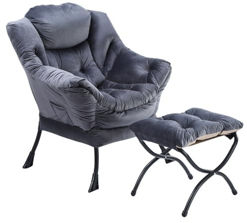 ISUDJUNT Armchairs for Living Room with Folding Footrest, High Back Bedroom Armchair and Foot Stool Set with Metal Frame, Upholstered Lounge Chair with Side Pocket Dark Grey
