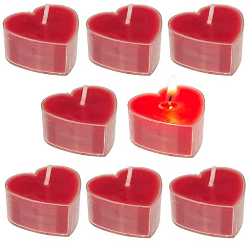 8er Set Teelicht in Herzform - ca. 4 x 4 cm - Wählbare Farben Rot oder Weiß - Romantische Beleuchtung für jeden Anlass (Rot)