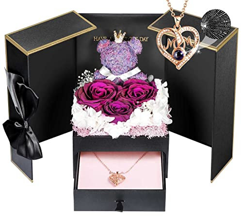 ADDWel Mother Gifts for Mum, Preserved Purple Rose Gift Box with Mum Necklace I Love You in 100 Languages, Eternal Red Roses for Women, Gift for Her Christmas Valentines Mothers Day from Son