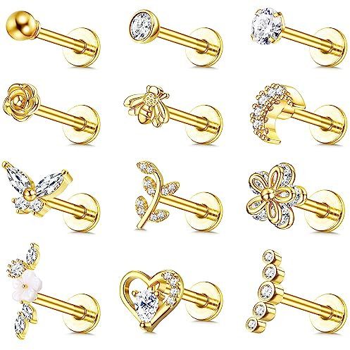 JeweBella 12-teiliges Tragus & Helix Piercing-Set für Damen - Chirurgenstahl mit Zirkonia Herz & Blume Conch Labret Nasen- & Ohrstecker - Silber/Gold