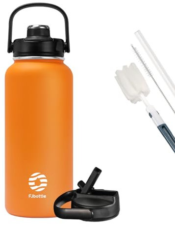 FJbottle Botella Agua acero inoxidable con pajita (2xTapas), 950ML/1200ML, sin BPA/sin Fugas Botella Termica deportiva Termo para Gimnasio, GYM, Fitness