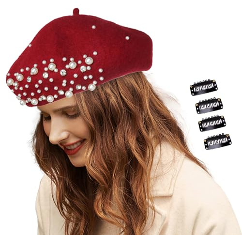 JK Home Französische Baskenmütze mit Perlen und Strasssteinen, Wolle, mit 4 Druckknöpfen, U-Form, Metallclips, Damen, klassischer Kaschmir, warmer Künstler, Malerhut, Newsboy, Kuppel, Bowlermütze,