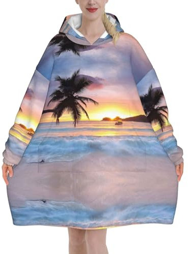 Jmorco Gestreifte karierte Decke Hoodie für Damen und Herren, übergroßer Sherpa-Kapuzenpullover, tragbarer Kapuzenpullover, Sweatshirt-Decke, Sunrise Tropical Palmeninsel, XL/XXL